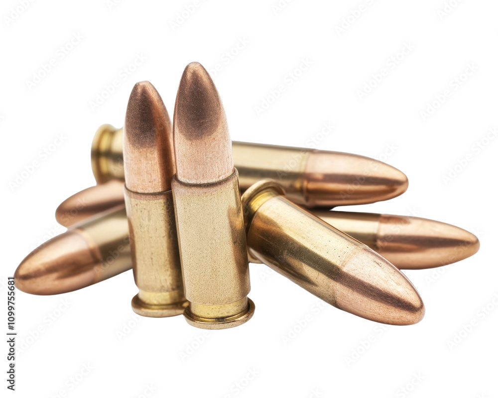 Poster close up view of several bullets stacked together, showcasing their metallic casings and pointed tip