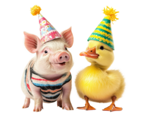 Cute pig and duck wearing party hats, celebrating joyful occasion together. Their playful expressions and colorful attire create festive atmosphere