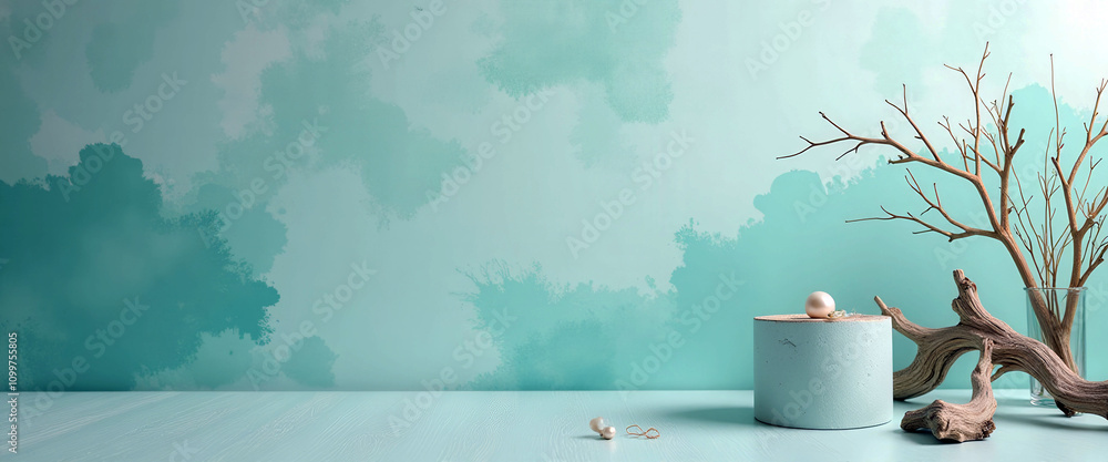 Poster a blue background with a tree branch and a small container with a pearl inside. the background is a 