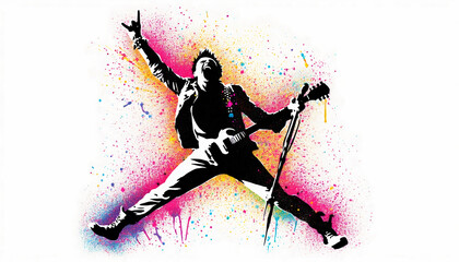 Rock musician jumping with guitar, surrounded by vibrant splashes, symbolizing energy and creative freedom