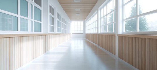 Obraz premium Bright, Empty School Corridor With White Walls, Numerous Windows, And Light Wooden Panels.