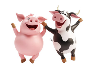 Fototapeta premium Happy cartoon pig and cow characters celebrating together in joyful scene. Their playful expressions and vibrant colors create fun and lively atmosphere