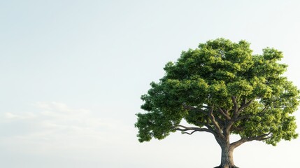 Obraz premium Majestic ancient oak tree with sprawling branches, isolated on a white background, rich green leaves and textured bark, ample empty space for text 