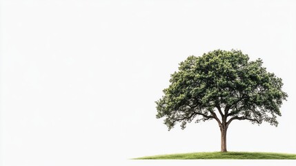 Obraz premium Majestic ancient oak tree with sprawling branches, isolated on a white background, rich green leaves and textured bark, ample empty space for text 