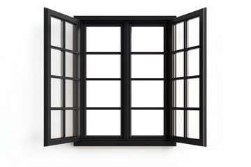 A modern black window with open casements, showcasing a minimalist design and ample natural light.