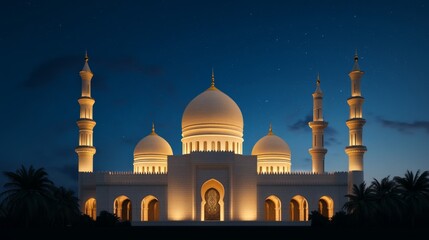 Majestic mosque exterior at night, domes illuminated in soft golden light, surrounded by palm trees under a starry sky 