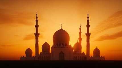Majestic mosque silhouette against a golden sunset sky, intricate domes and minarets glowing, surrounded by warm twilight hues 