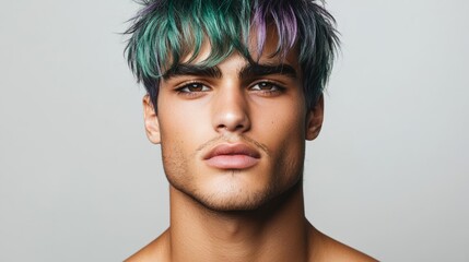Male model with oil-slick hair color, iridescent shades of green, purple, and blue, metallic and edgy look 