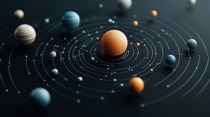 Obraz premium Abstract representation of a solar system model with planets on dark background featuring various textured spheres and orbital paths.