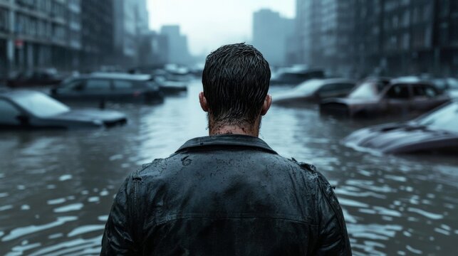 Man with a grim expression, standing in a flooded city street, rusty cars submerged, murky waters reflecting a gray, apocalyptic sky - Powered by Adobe