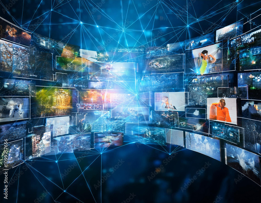 Wall mural internet data flow or blogging concept with many digital life style screens and polygonal lines