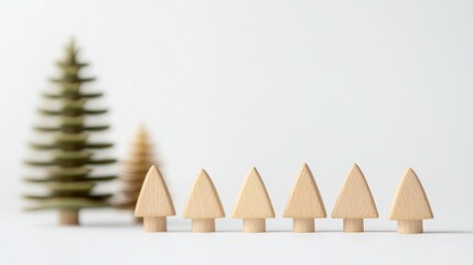 Wooden toy trees of various sizes lined up on a plain white backdrop with a blurred green tree in the background.