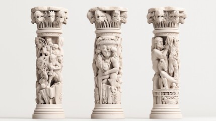Obraz premium Three intricately carved stone pillars featuring detailed human and mythological figures in classical style with ornate decorative designs