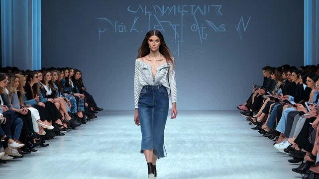 A fashion show video with models in denim outfits, using slow tracking and studio lighting.