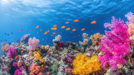 Naklejka premium Vibrant coral reef teeming with orange fish. Ideal for marine life, travel, and nature projects.
