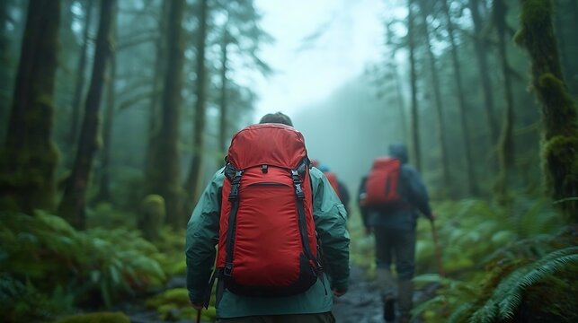 Adventure hiking journey through misty forest outdoor exploration nature scenic views group perspective