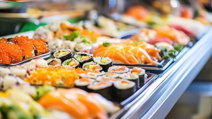 Array of colorful sushi varieties and culinary delights showcased in an inviting buffet display, highlighting fresh ingredients and vibrant presentation.