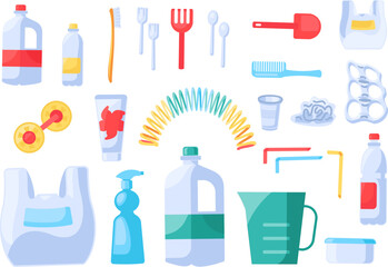 Collection of Unwanted Plastic Objects. Items out of use and subject to disposal. Recycling of Plastic and polyethylene industrial products. Cartoon vector isolated on white background