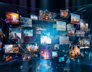 Internet data flow or blogging concept with many digital life style screens and polygonal lines