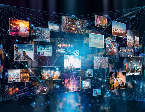 Internet data flow or blogging concept with many digital life style screens and polygonal lines - Powered by Adobe