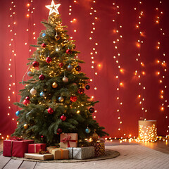 Christmas Background with Focused Tree and Sparkle Bokeh Lights on Red Canvas