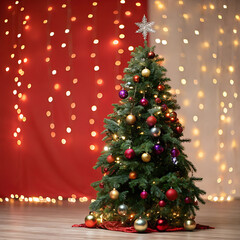 Christmas Background with Focused Tree and Sparkle Bokeh Lights on Red Canvas