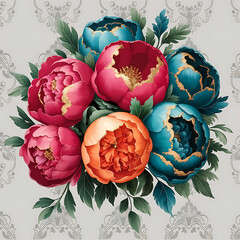 A clipart illustration of a bright red, orange, and teal peonies bouquet with gold trimming on the petals. The bouquet is placed on an elegant white background.