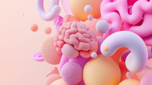 IVF healthcare medical concept, A vibrant, abstract composition featuring colorful spheres, brain shapes, and organic forms against a soft pink background.