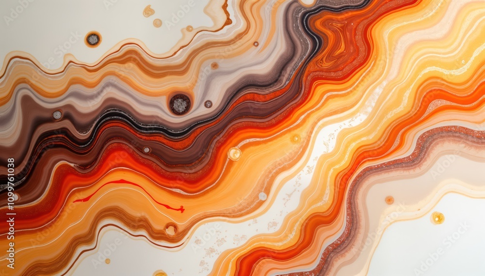 Poster abstract art piece shows swirling marbled patterns of orange red brown beige, white colours. liquid 
