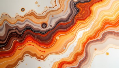 Fototapeta premium Abstract art piece shows swirling marbled patterns of orange red brown beige, white colours. Liquid patterns look like flow. Artistic design with colours, texture. Intricate swirls, shapes create
