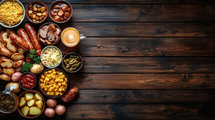 Naklejka premium Assorted German food on dark wood background, including sausages, potatoes, sauerkraut, and beer.