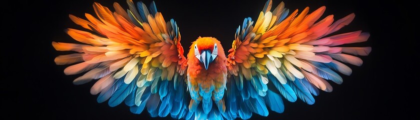 Obraz premium Frontal view of a vibrant parrot displaying colorful feathers, illuminated by innovative light showcasing intricate communication gestures