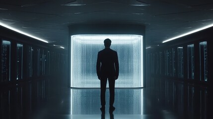 Futuristic Server Room  Businessman   Data Wall