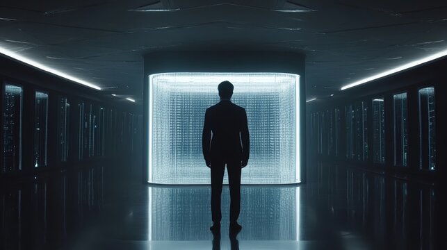 Futuristic Server Room  Businessman   Data Wall