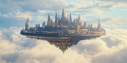 Naklejka premium A majestic floating castle among the clouds, a fantasy scene with airships, perfect for fairytale, dreamscape, and fantasy settings.