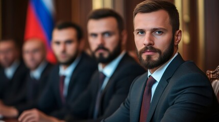 Russian negotiators presenting a proposal to a foreign delegation, serious expressions and focused body language, intense political atmosphere 