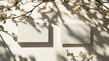 Minimalistic business card mockup with floral shadow overlays from top view featuring two blank cards on a light background