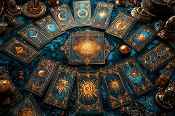 A flat lay view of a stunning tarot card spread with intricate designs, golden accents, and mystical symbols, set on a velvet tablecloth surrounded by spiritual elements.