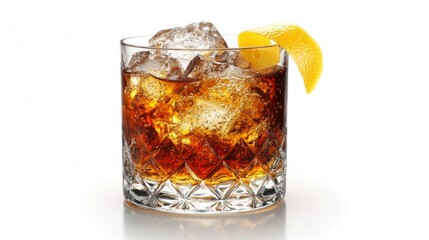 classic Sazerac cocktail featuring rye whiskey sugar Peychauds bitters and absinthe rinse garnished lemon twist white background emphasizing its sophistication.