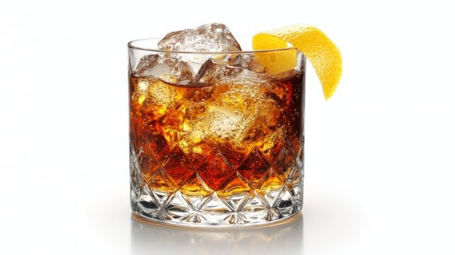 classic Sazerac cocktail featuring rye whiskey sugar Peychauds bitters and absinthe rinse garnished lemon twist white background emphasizing its sophistication.