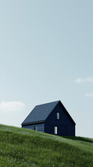 Obraz premium Isolated Nordic-style house in deep blue on a lush hill with a clear sky. 