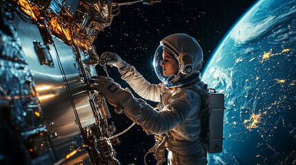 Female astronaut conducting satellite repair in outer space