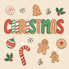 Christmas illustration with festive lettering, gingerbread cookies, candy cane, holly, snowflakes, and ornaments. Cheerful holiday-themed design perfect for greeting cards, posters, and decorations