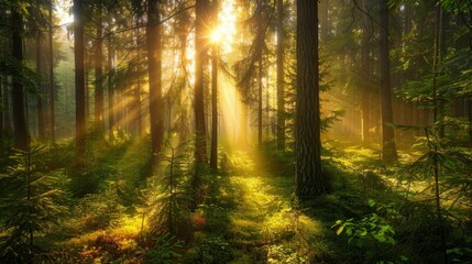 Obraz premium Majestic sunbeams illuminate a lush green forest in summer evening