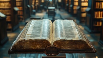 Obraz premium Antique open book with aged pages resting on wooden desk in warm light, historical literature, vintage knowledge, library archive, ancient wisdom, classic education, study inspiration