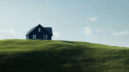 Peaceful Nordic house on a secluded grassy hill with dark blue walls and blue sky. 