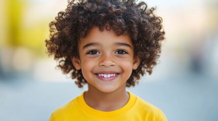 Smiling African American child with curly hair, wearing a bright yellow shirt, playing in a sunny park, joyful and vibrant scene 