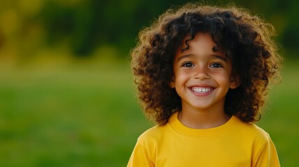 Smiling African American child with curly hair, wearing a bright yellow shirt, playing in a sunny park, joyful and vibrant scene 