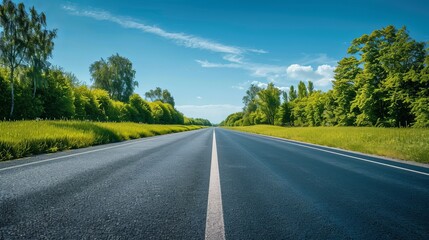 Fototapeta premium Empty asphalt straight road with green trees on the roadside.