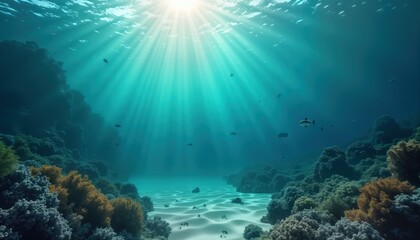 Obraz premium Subaquatic scene displays vibrant coral reef. Sunlight beams through crystal-clear water. Peaceful underwater landscape. Tropical fish swim in colorful coral formations. Sandy bottom. Calmness,